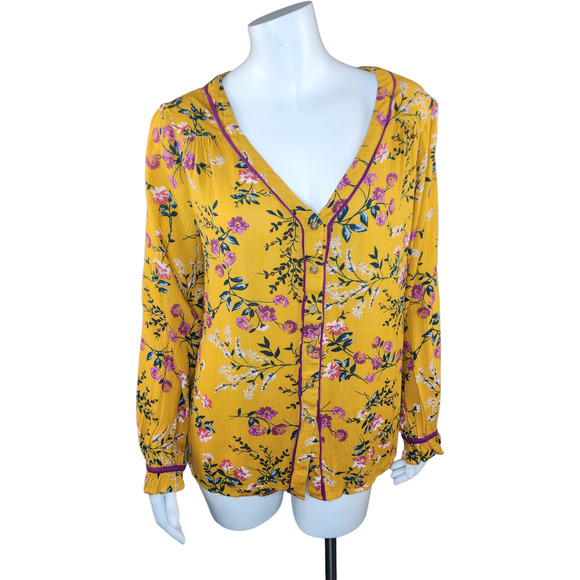 Kori America Tops - Kori American Womens Medium Gold Floral Print Button Up Blouse Balloon Sleeves